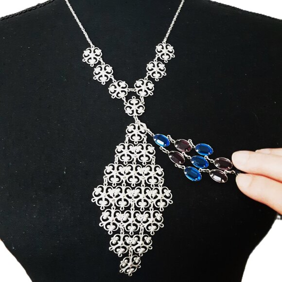 VTG Silver Tone Necklace Colored Glass Faux Gemstones Hanging Statement Piece - Picture 2 of 7